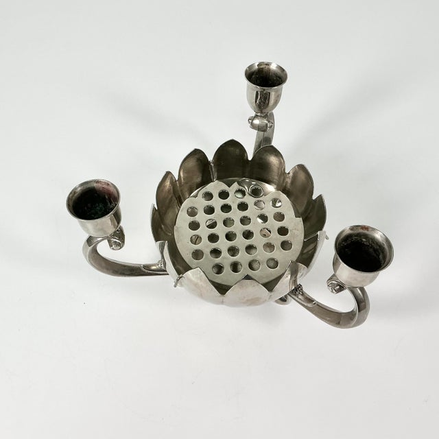 Silver Mid-Century Chinoiserie Hollywood Regency Lotus Flora Centerpiece Vase With Three Candleholders For Sale - Image 8 of 12