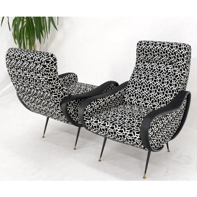 Black Pair Black & White Pattern Fabric Italian Mid Century Modern Lounge Chairs For Sale - Image 8 of 13
