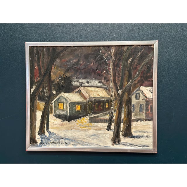 M. L. Jacobson, Winter Landscape with House, 1950s, Oil Painting on Panel, Framed For Sale - Image 6 of 11