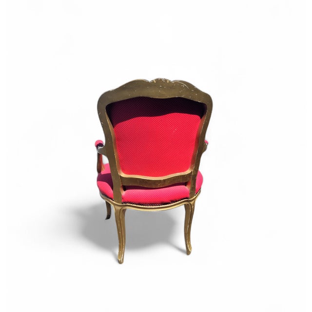 Vintage French Louis XV Style Giltwood Armchair with Rococo Carved Frame and Nailhead Trim, 1940s For Sale - Image 9 of 17