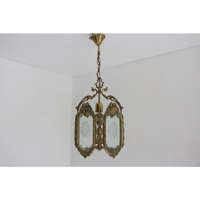 French Louis XVI Style Brass and Etched Glass Lantern, 1950s For Sale - Image 3 of 12