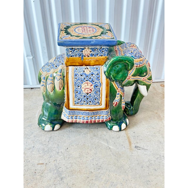 Fabulous vintage elephant garden stool. Ceramic. Colorful and fun. Perfect to use indoors or outside as a side table or...