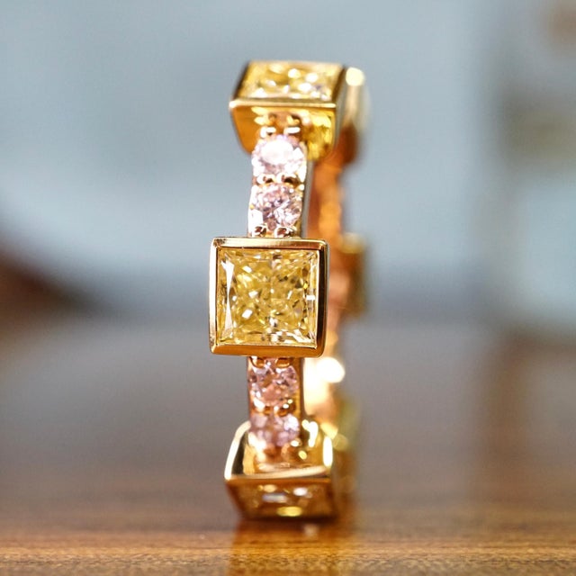 Metal Fancy Yellow Princess and round Pink Diamond Eternity Band in 18K Yellow/Rose For Sale - Image 7 of 7