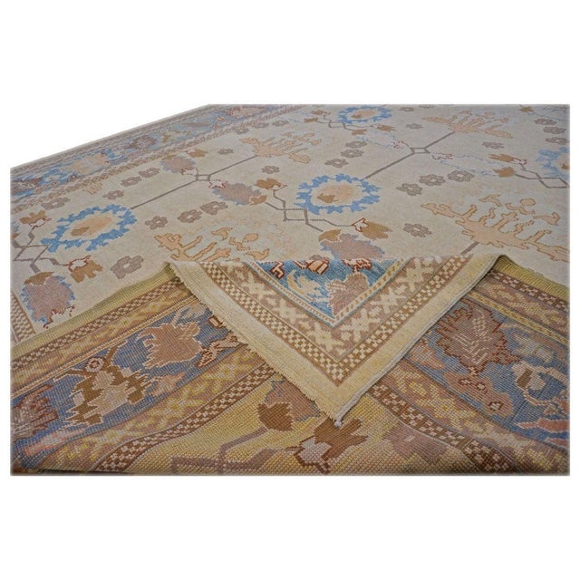 Turkish Oushak Wool 13X15 Tan, Blue & Red Handmade Area Rug #1140830 For Sale - Image 4 of 4