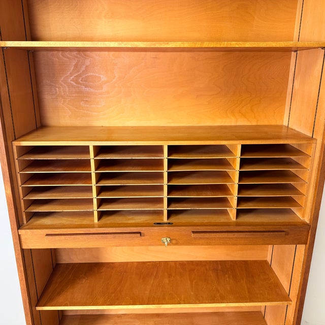 Wood Mid-Century Modern Vintage Oak Tambour Secretary Cabinet, Germany, 1960s For Sale - Image 7 of 16