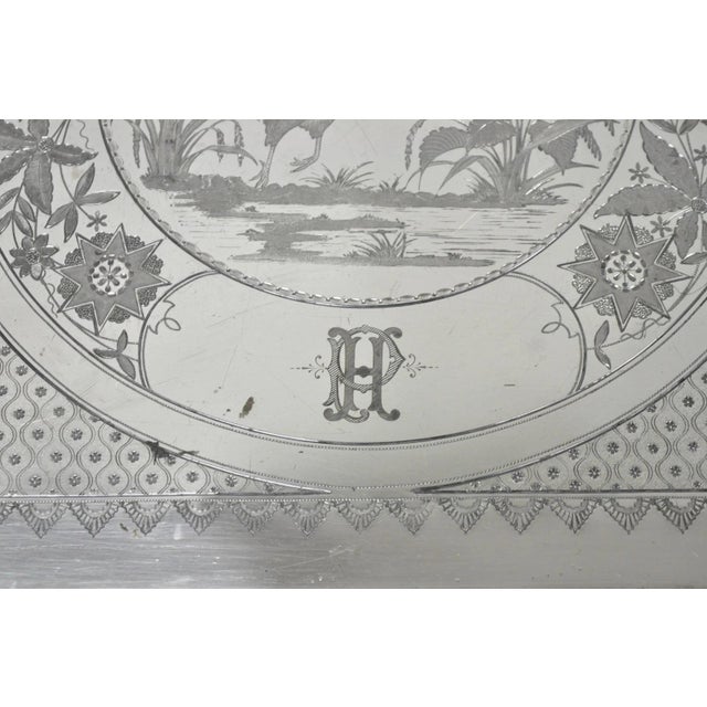 Antique Rogers Smith & Co Art Nouveau Large Silver Plated Crane Bird Etched Tray For Sale In Philadelphia - Image 6 of 18