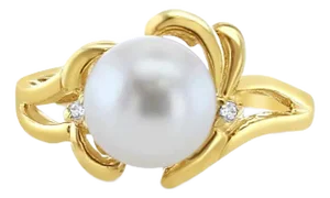 Solitaire 8MM Pearl Ring with Diamond 14k Yellow Gold Ring, Size 5