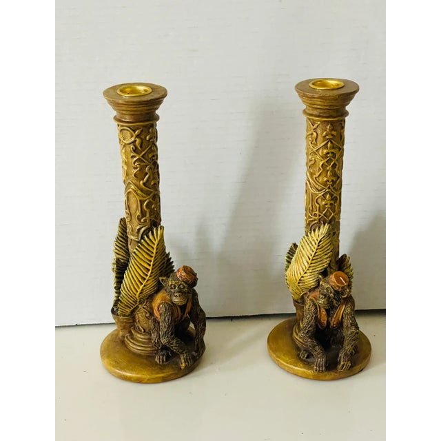 Whimsical Coastal Bohopair of monkey figurines candlesticks. Beautiful tropical home decor.