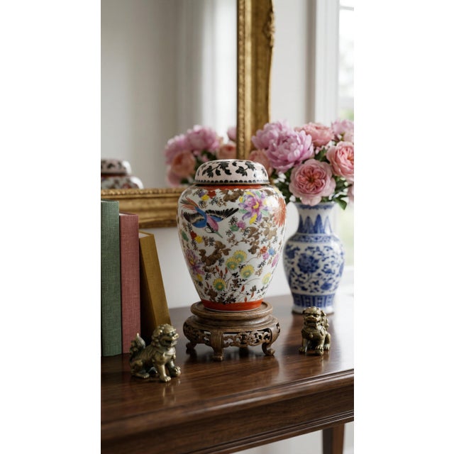 Beautiful vintage Chinese porcelain ginger jar featuring colorful famille rose style enamel decoration with birds and...