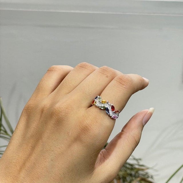 Not Yet Made - Made To Order Nature Inspired Multi-Sapphire Leaf & Diamond Cluster Ring in Sterling Silver, Us Size 6.5 For Sale - Image 5 of 16