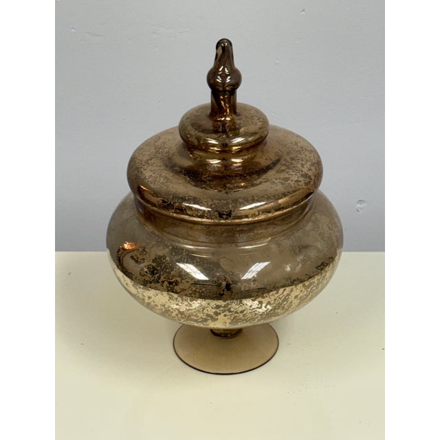 Traditional Antiqued Mercury Glass Footed Lidded Jar For Sale - Image 3 of 12