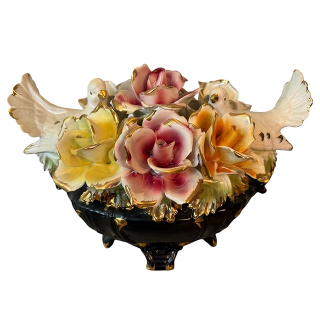 Exceptional vintage Italian Capodimonte porcelain centerpiece featuring an abundant bouquet of delicately modeled flowers,...