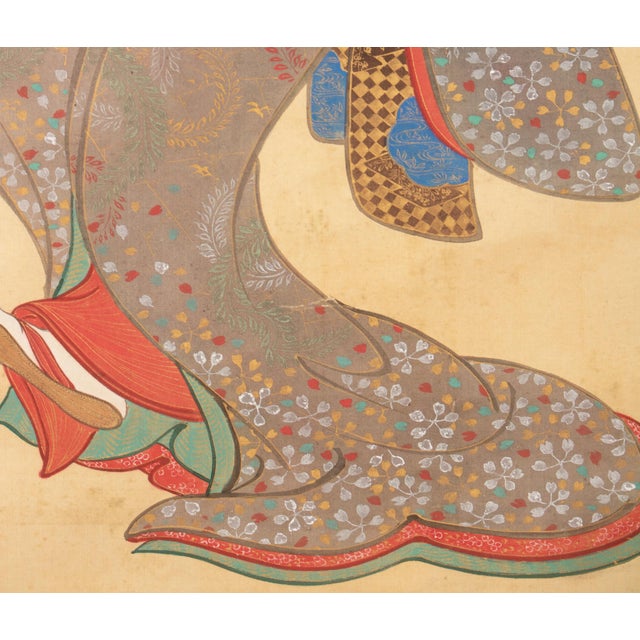 Khaki 1910 Meiji Era Japanese Painted Ukiyo-E Style Scroll of a Beautiful Woman by Keimei For Sale - Image 8 of 12