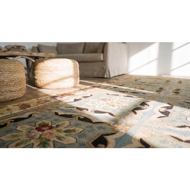 Beautiful Sky Blue Color With Delicate Florid Design Antique Needlepoint Rug For Sale In New York - Image 6 of 8