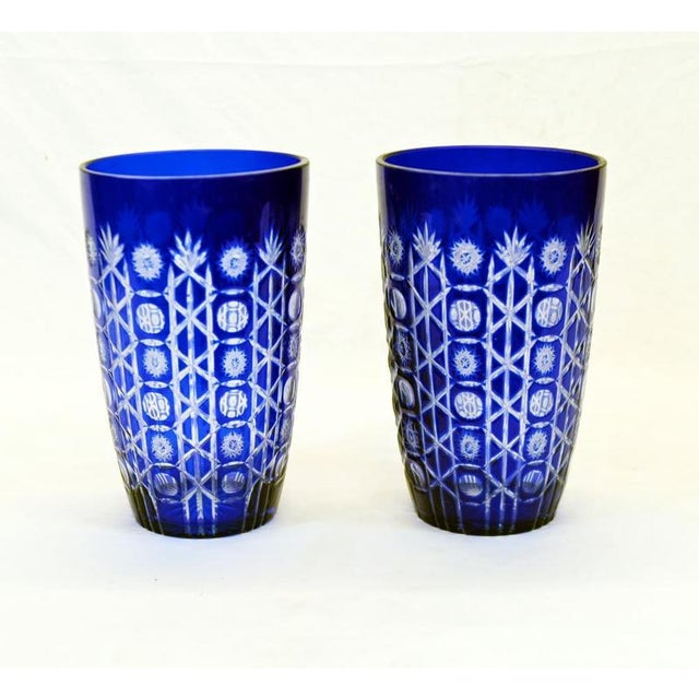 Glass Vases Cobalt Blue Cut Urns Geometric Decoration, Set of 2 For Sale - Image 4 of 4