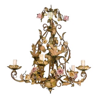 Porcelain Floral Roses Flower Chandelier, 1940s For Sale