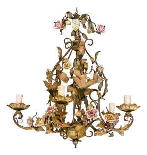 Porcelain Floral Roses Flower Chandelier, 1940s