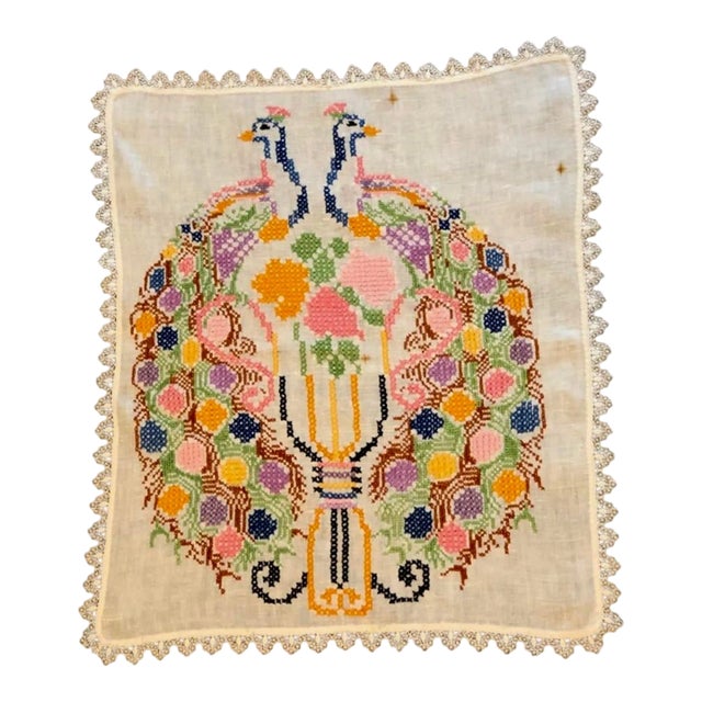 Vintage Peacock Embroidered Tapestry Art Cloth Panel For Sale