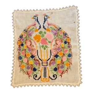 Vintage Peacock Embroidered Tapestry Art Cloth Panel