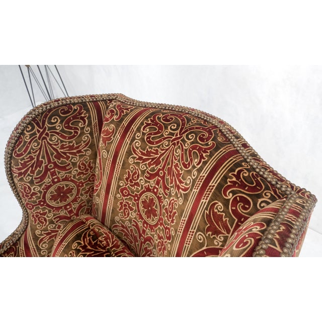 Metal Red Gold Brass Tacks Upholstery Carved Mahogany Base Legs Large Wing Chair For Sale - Image 7 of 12