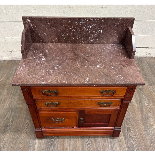 Late 19th Century Antique Victorian Eastlake Marble Top Walnut Chest Nightstand Washstand Commode For Sale - Image 5 of 8