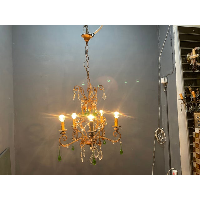 Italian 5-Light Tole Chandelier with Green and Amber Murano Glass Drops, 1950s For Sale - Image 11 of 16