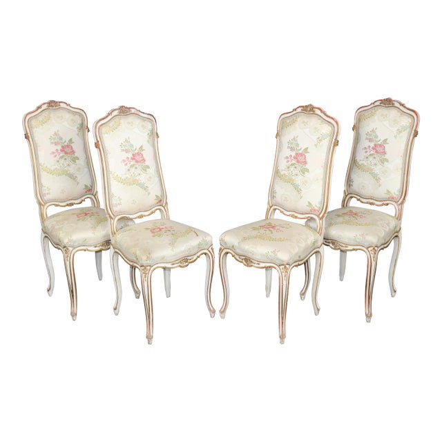 Set 4 Louis XV Style Paint Decorated French Dining Room Chairs For Sale
