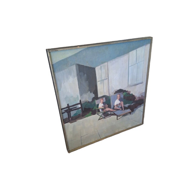 Vintage framed oil painting in canvas depicting 2 young boys? In lounge chairs at home. Appears to be the original frame....