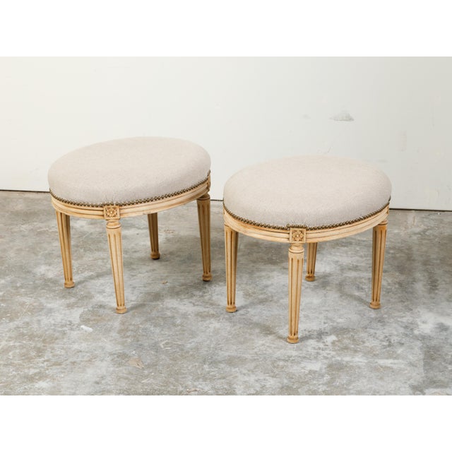 Pair of French Neoclassical Style Bleached Wood Stools with New Upholstery For Sale - Image 4 of 10