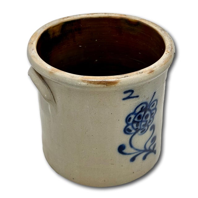 Antique American 2 Gallon Stoneware Storage Crock With Beautiful Hand Decorated Blue Flower Design Circa Mid 1800s For Sale - Image 10 of 18