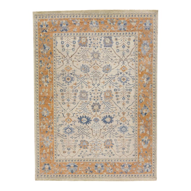 Apadana's Artisan Collection Handmade Floral Designed Beige and Orange Wool Rug For Sale