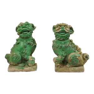 Mid 20th Century Foo Dogs with Original Green Paint - a Pair