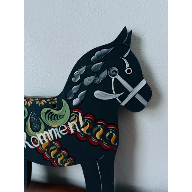 Mid-Century Modern Swedish 1990’s Hand Painted Wood Dala Horse “welcome” Valkommen Sign For Sale - Image 3 of 11