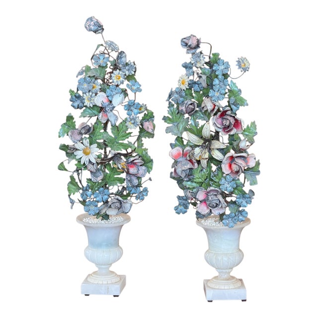 1920s Pair of Tole Flowers in Alabaster Urns For Sale