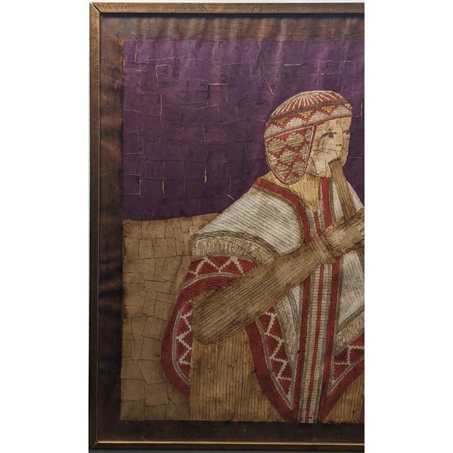 Oversized Vintage Andean Musicians Banana Leaf Mosaic Folk Art – Purple, Red & Cream For Sale In New York - Image 6 of 17