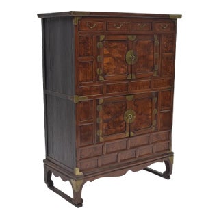 Korean Jang Cabinet Wardrobe Burl Wood Two Tier Joseon Dynasty For Sale