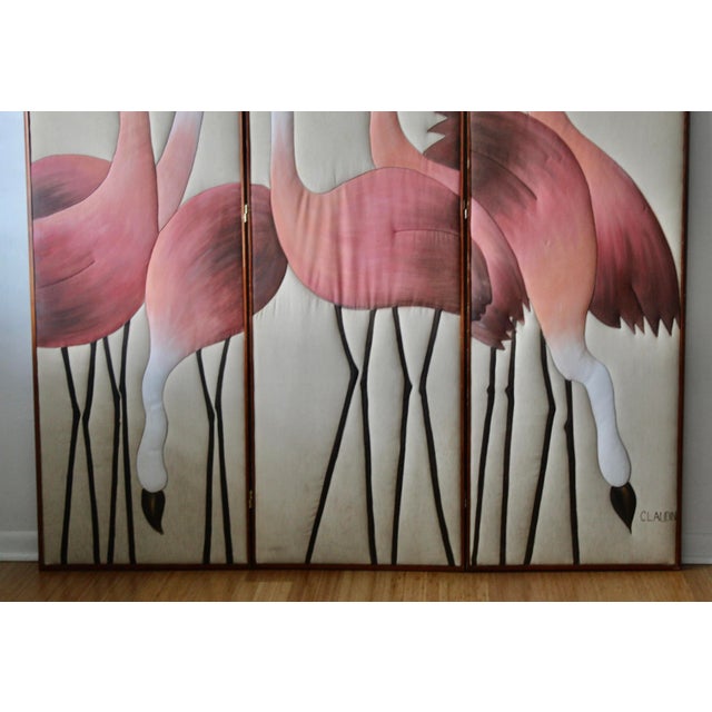 Pink Vintage Hand Painted Flamingos Three Panel Screen Room Divider For Sale - Image 8 of 18