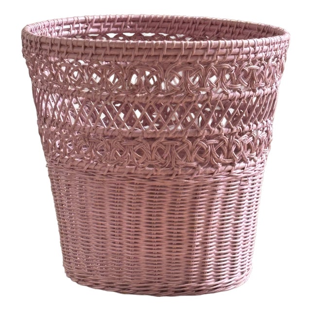 Mid-20th Century Bubble Gum Pink Wicker Wastebasket For Sale
