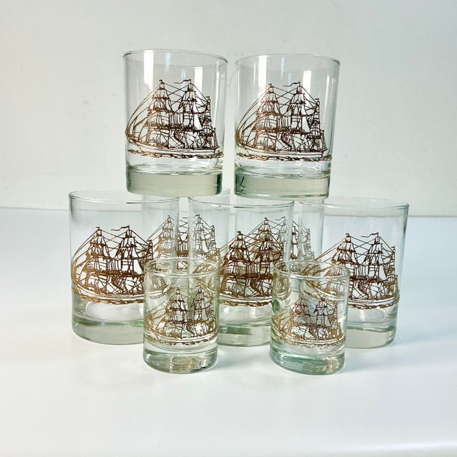 Libbey Glass Co. 1960s Mid-Century Nautical Coastal Libbey Tall Mast Lowball Whiskey & Shot Glasses - Set of 9. For Sale - Image 4 of 8