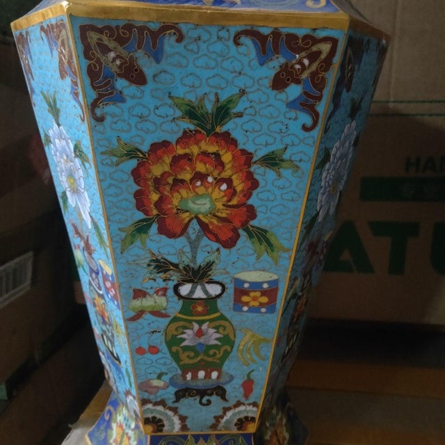 Metal Pair of Large Vintage Cloisonné Enamel Hexagonal Vases – Floral & Scholar's Object Motif For Sale - Image 7 of 9