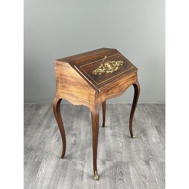 Wood 19th Century Louis XV Marquetry Drop-Front Secretary For Sale - Image 7 of 10