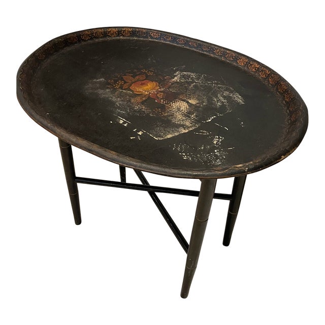 19th Century Hand Painted Oval Tole Tray With Floral Motifs For Sale