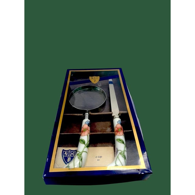 White Late 20th Century Prill Sheffield England Floral Porcelain Magnifying Glass Letter Opener Set For Sale - Image 8 of 8