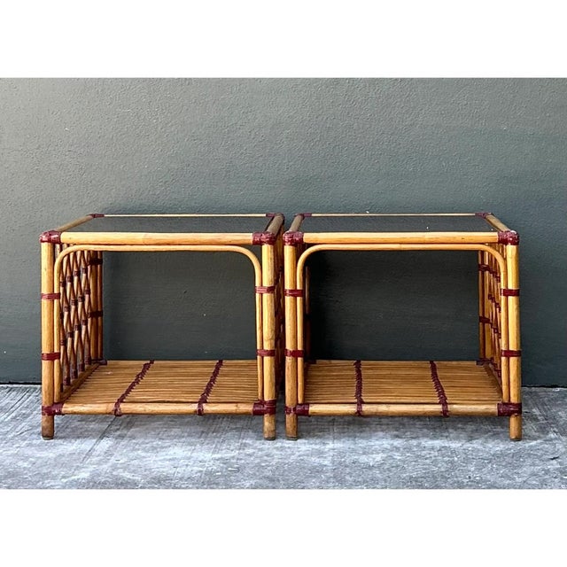 Vintage Trellis Rattan and Glass Side Tables - Pair | Chairish