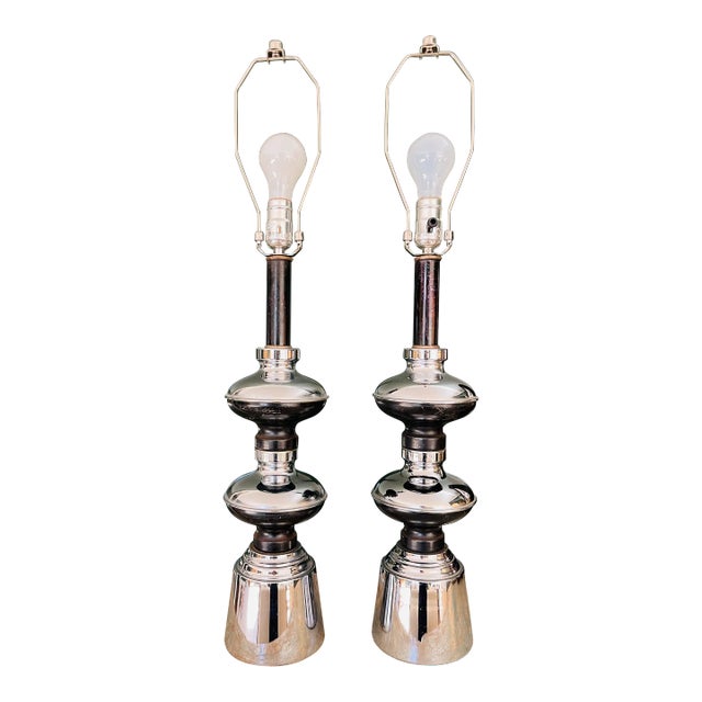 1960s Vintage Mid-Century Modern Chrome and Black Stacked Table Lamps - a Pair For Sale