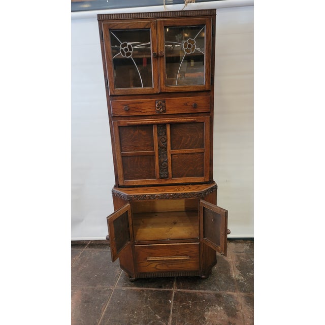 Antique Maidsaver Lusty Hoosier Kitchen Cabinet Carved Oak With Stained Glass Doors For Sale In San Diego - Image 6 of 12