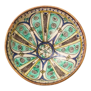 Antique 19th C. Moroccan Ceramic Bowl Polychrome Footed Dish Fez