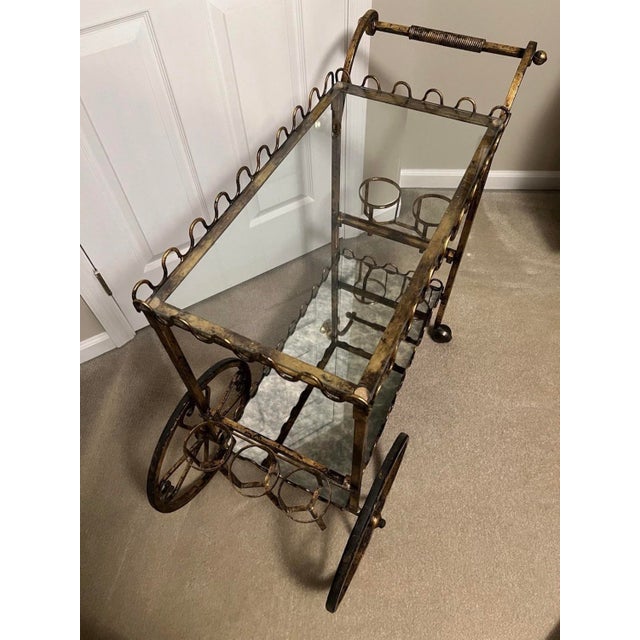 1970s Vintage Hollywood Regency Neoclassical Gilt Rolling Iron Glass Bar Cart Trolley For Sale - Image 5 of 12