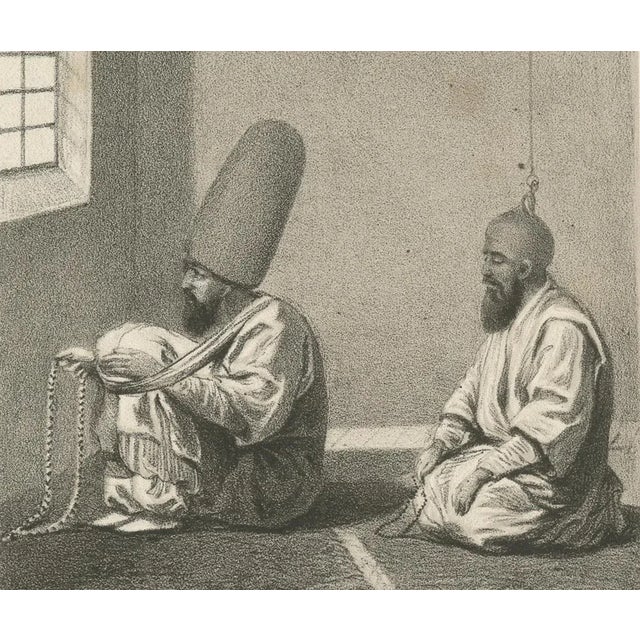 This unique lithograph from 1863 features two related but distinct scenes of Islamic devotional practice, labeled “De...