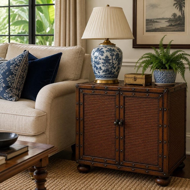 Rich in texture and timeless in character, this vintage woven campaign-style cabinet embodies the relaxed sophistication...